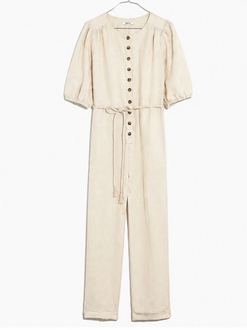 Madewell Women's Linen Blend Jumpsuit Puff-Sleeve Tassel-Tie Ivory Sz Medium NWT - Picture 7 of 8